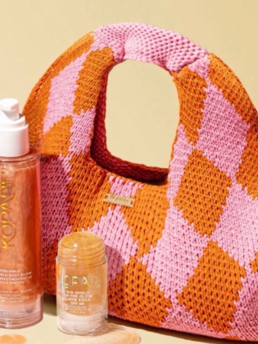 Kopari Pink and Orange Knit Diamond Handbag